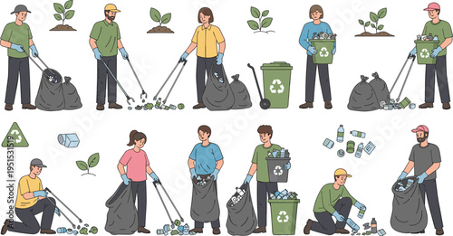 Community Cleanup and Recycling Volunteers Vector Set Showing People Collecting Trash Sorting Plastic Bottles Planting Trees and Environmental Protection Activities