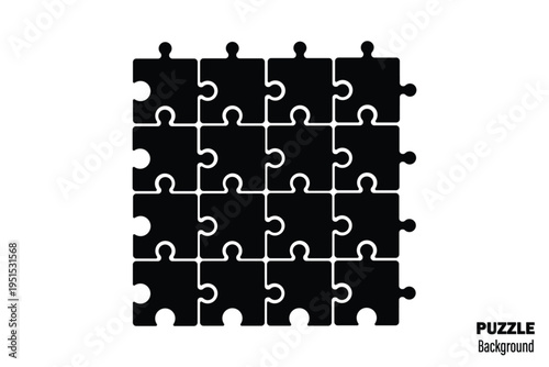 Infographic set of 16 black puzzle pieces. Jigsaw puzzle on white background. Set of puzzle pieces. Vector illustration.