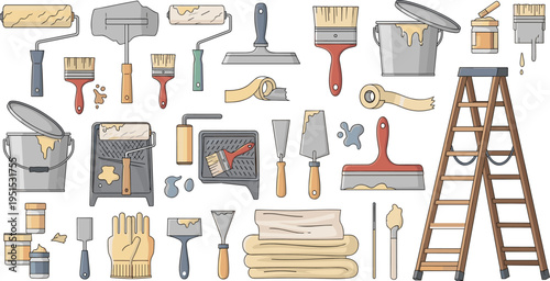 Painting and Home Renovation Tools Vector Set Including Paint Brushes Rollers Buckets Ladder Gloves Tape Putty Knife and Construction Equipment Icons