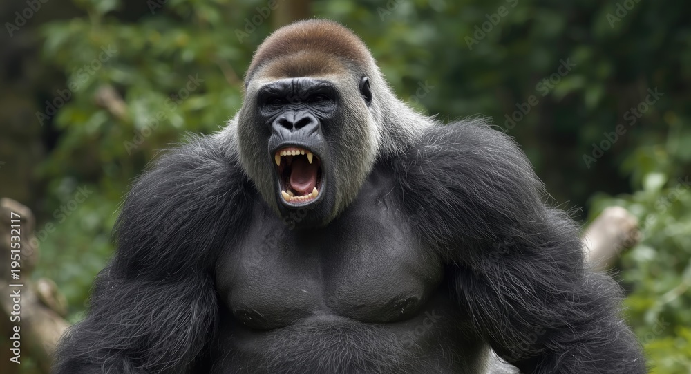 Obraz premium Massive silverback gorilla exhibiting chest beating display