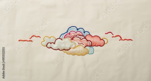Playful Japanese cloud embroidery with lively color accents