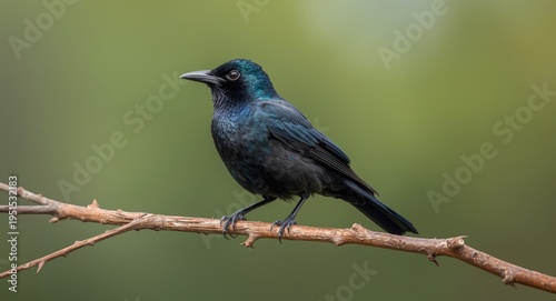 Common Grackle bird adult resting on a branch with natural light