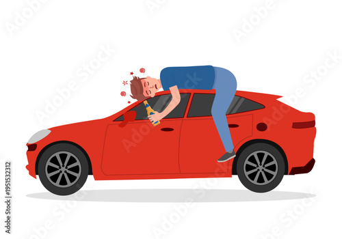 Drunk driver sleeping on car in flat design on white background. Drink don’t drive campaign concept vector illustration.