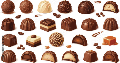 Cartoon Chocolate Candy Collection with Truffles Pralines Filled Chocolates Caramel Coffee Sweets and Confectionery Desserts Vector Illustration