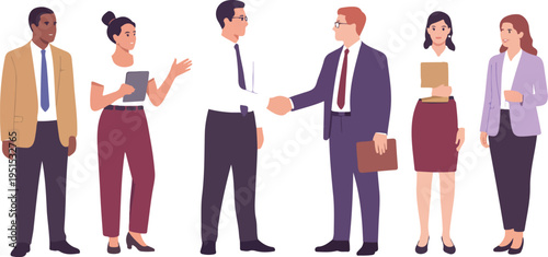 Diverse group of business professionals including colleagues shaking hands representing partnership agreement successful deal and corporate teamwork vector illustration.