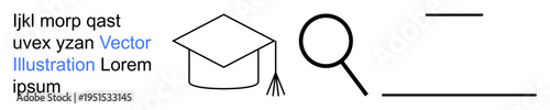 Education, knowledge, higher learning, research, information analysis, academic progress. Graduation cap, magnifying glass text lines. Education and research concept for diverse applications