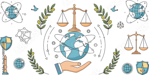 PrintInternational Law and Global Justice Icon Set with Scales of Justice, Earth Globe, Legal Symbols, Shields, and Laurels for Legal Services and Policy Design