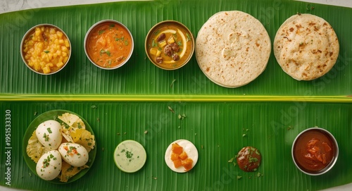 Colourful banana leaf feast with South Indian items like Semolina Halwa, Uttapam, and chutneys