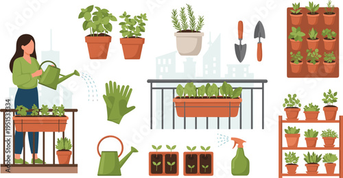 Home Gardening and Plant Care Vector Illustration Set with Indoor Plants, Watering Woman, Seedling Pots, Garden Tools and Urban Gardening Lifestyle Elements