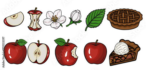 Vector set of fresh apples, apple pie, blossoms and leaves