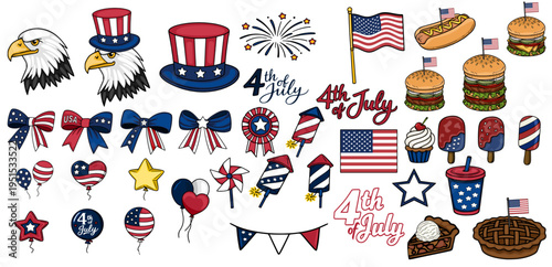 Festive 4th of July vector illustration set with American symbols, food, and patriotic elements