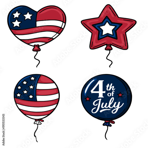 Festive 4th of July vector balloon illustration set with American flag designs and star shapes