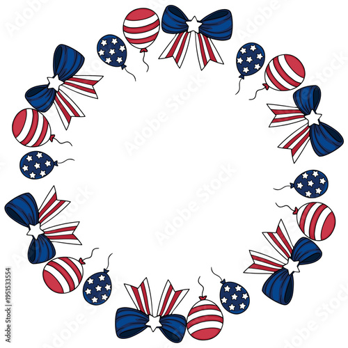 Festive vector illustration of red, white, and blue balloons and bows with stars and stripes, forming a circular frame for Independence Day celebrations.