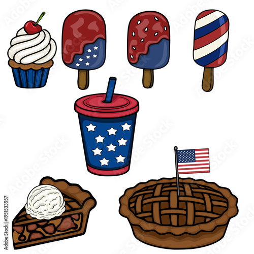 Festive Fourth of July treats vector illustration, including cupcake, pop ice, drink, and pie.