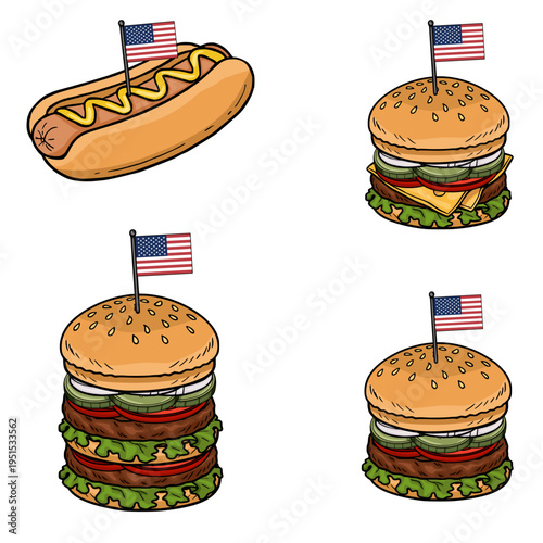 Festive American Hot Dog and Stacked Burgers vector illustration with US Flags