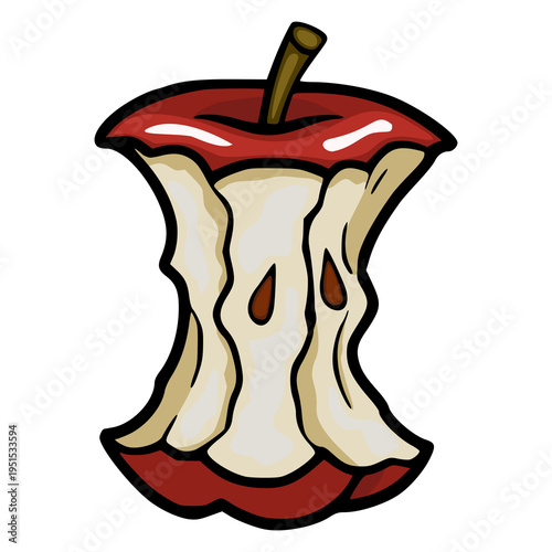 Vector illustration of a bitten red apple core with seeds and stem