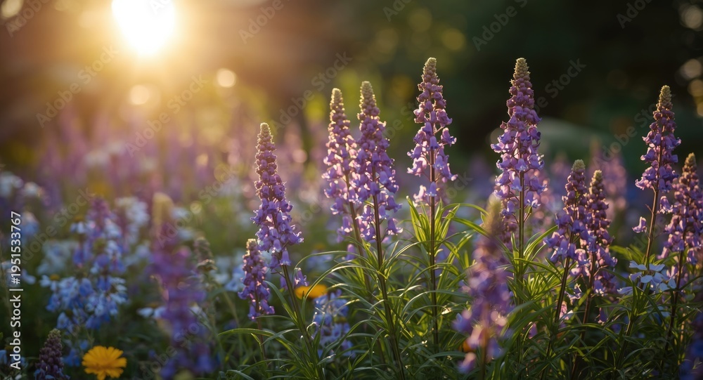 Obraz premium Fresh summer garden scene with playful purple flowers and morning sun