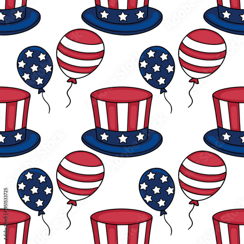 Seamless vector pattern of Uncle Sam hats and balloons in red, white, and blue for Independence Day celebrations.