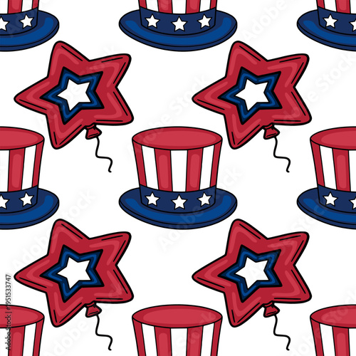 Seamless vector pattern of Uncle Sam hats and star balloons in red, white, and blue for patriotic celebrations