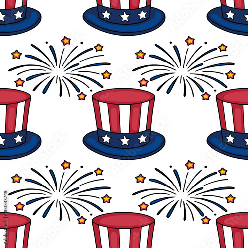 Seamless vector pattern of Uncle Sam hats and fireworks, celebrating American Independence Day