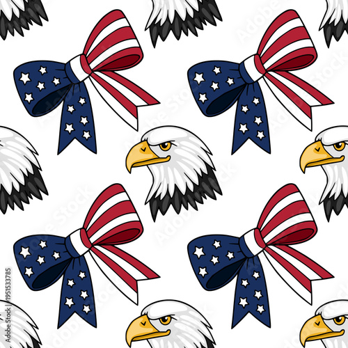 Seamless vector pattern of patriotic American bald eagles and bows with stars and stripes
