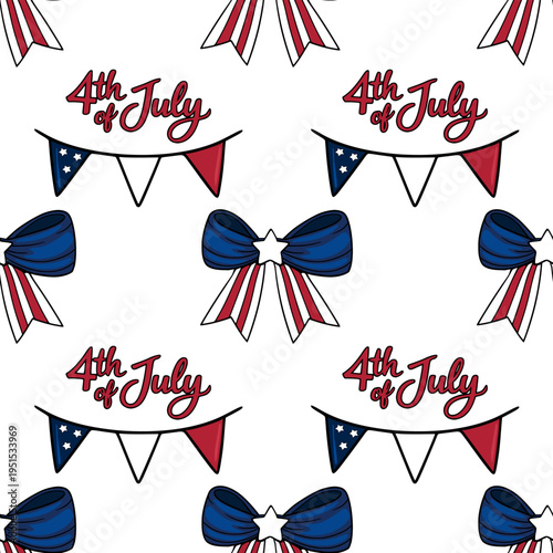 Seamless vector pattern of 4th of July celebrations with red, white, and blue bunting and bows