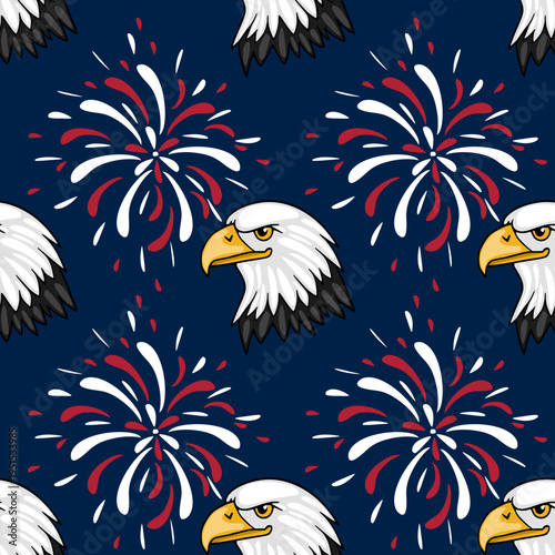 Seamless vector pattern of bald eagles and fireworks in patriotic red, white, and blue on a dark blue background.