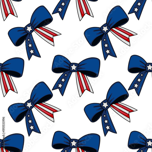 Seamless vector pattern of red, white, and blue bows with stars, celebrating American Independence Day.