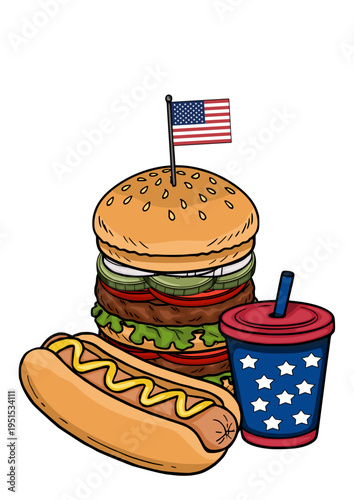 Festive Fourth of July vector illustration of a giant burger, hot dog, and drink with American flag