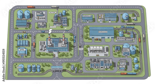 Detailed Cityscape Model with Buildings, Roads, and Green Spaces.