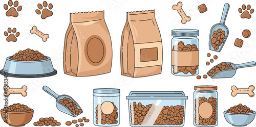 Pet Food Storage and Dog Feeding Vector Illustration Set with Kibble Bags, Containers, Scoop, Dog Bowl, Bones and Paw Print Elements