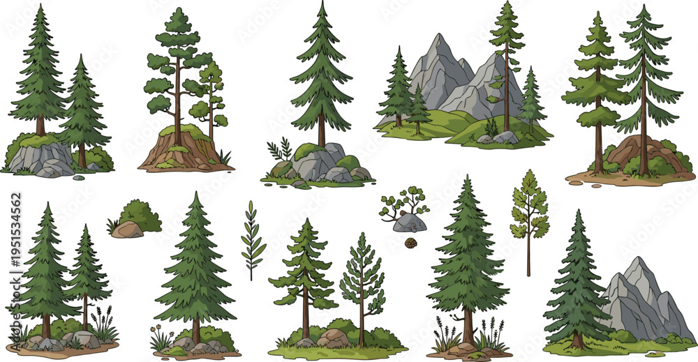 Obraz premium Pine Trees and Rocky Mountain Landscape Set with Lush Greenery and Forest Elements for Outdoor Adventure and Nature Designs