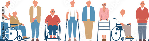 Diverse group of senior citizens with disabilities using wheelchairs and walking aids with a caregiver representing geriatric care and nursing vector illustration.