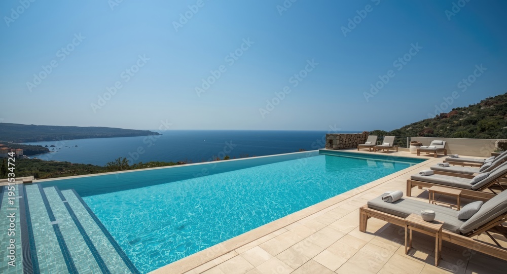 Fototapeta premium Private pool and sun deck with lounging chairs in a summer five star villa overlooking vast ocean views