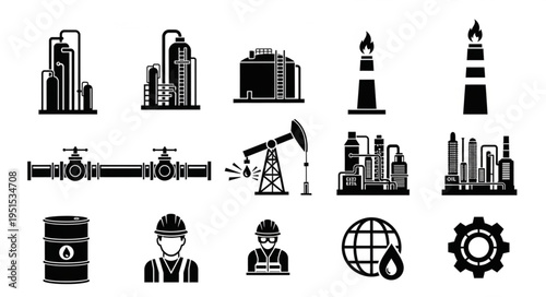 Oil and Gas Industry Icons - Refinery, Pipeline, Pumpjack, and Workers.