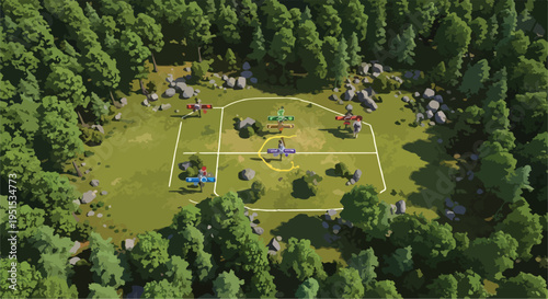 Aerial view of a vibrant 3D forest clearing with colorful toy airplanes arranged in a game-like formation on a grassy field, surrounded by lush green trees and rocks