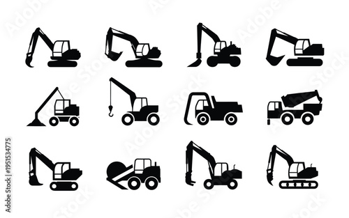 Collection of heavy machinery icons including excavators and dump trucks in black silhouette