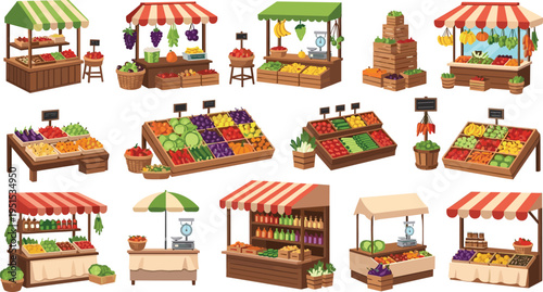 Cartoon Fruit and Vegetable Market Stall Collection with Fresh Produce Displays Grocery Shops and Farmers Market Elements Vector Illustration