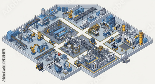 Isometric View of a Modern Industrial Manufacturing Facility.