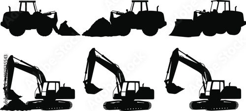 Silhouettes of heavy construction vehicles including bulldozers, front loaders, and excavators working with 
