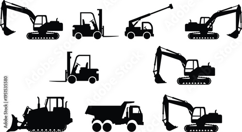 Silhouettes of heavy construction and industrial vehicles including excavators, forklifts, bulldozer, telescopic handler, and dump truck arranged in grid pattern for engineering and building projects