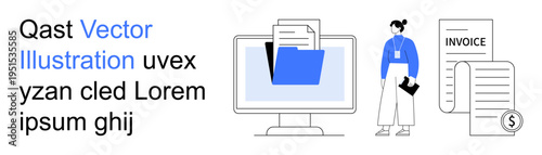Office organization, digital filing, document management, payment processing, invoicing, workflow efficiency. Computer with folder, person holding notebook and invoice. Office organization