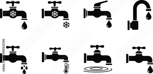 Water tap and faucet silhouettes set isolated on white background, plumbing icons with dripping drops, temperature symbols and pipe fixtures vector collection
