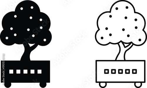 Stylized mobile tree planter icons with solid silhouette and outlined design, showcasing eco-friendly gardening, urban landscaping, sustainability, and 