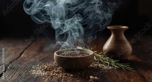 Natural smudging smoke ritual with aromatic herbs on timber table