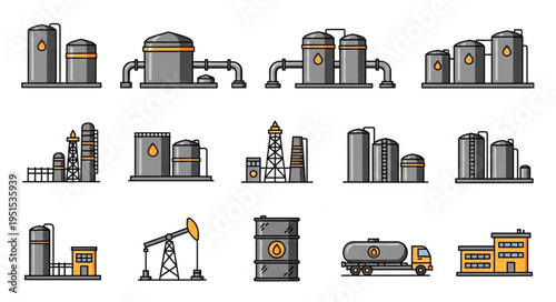 Collection of Oil and Gas Industry Icons - Refinery, Storage, and Transportation.