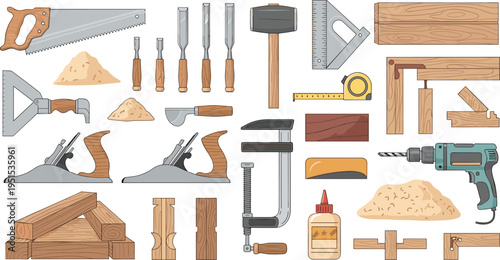 Woodworking Carpenter Tools Vector Set with Hand Saw Chisels Mallet Clamps Wood Planks Glue Measuring Tools and Carpentry Workshop Equipment