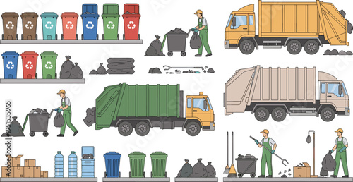 Waste Management and Garbage Collection Vector Set Featuring Recycling Bins Trash Trucks Sanitation Workers Sorting Waste and Environmental Cleaning Services