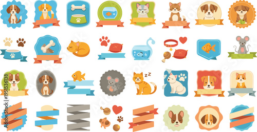 Cute Cartoon Pet Badge Collection with Dogs Cats Fish Paw Prints Ribbons and Award Labels for Animal Logo Vector Design