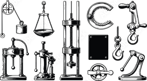 Vintage mechanical engineering devices illustration featuring pulleys, levers, gears, scales, presses, hooks, and classical machinery components in detailed 